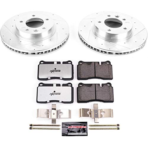 Power Stop K4656-26 Z26 Carbon Fiber Brake Pads with Drilled & Slotted Brake Rotors Kit and 2 Front Sensor Wires For Volkswagen Touareg 2006-2010 [Model Specific]