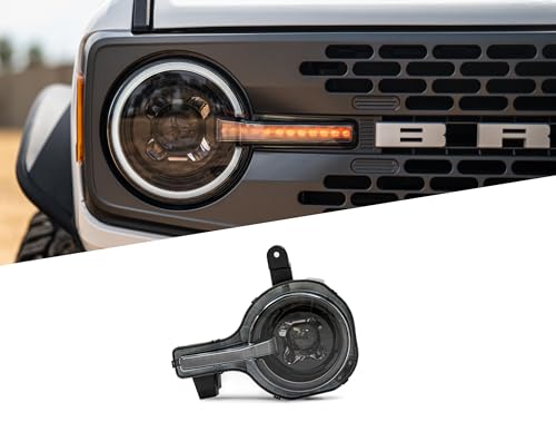 Black DV8 Offroad Headlights for 2021-2025 Ford Bronco | LED White DRL Halo w/Amber Centerline Light | 6500K Color Temp | 3650 Low Beam Lumens | 4700 High Beam Lumens | 90W LED System per Unit | Pair