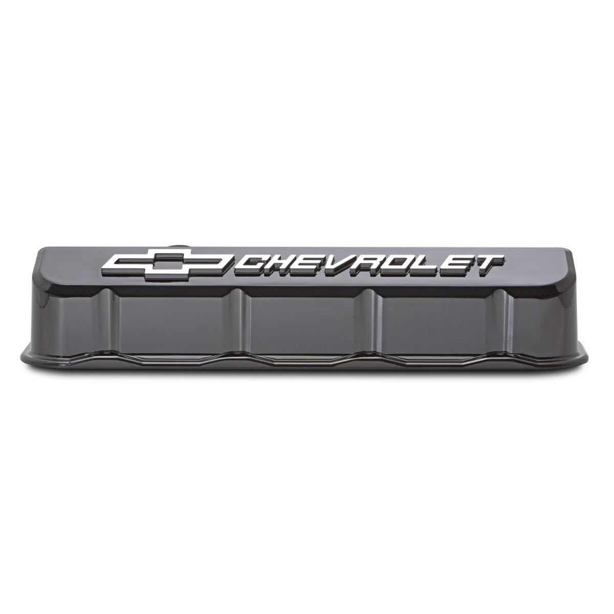 Proform Slant-Edge Valve Cover, Tall, Baffled, Breather Hole, Raised Chevrolet Logo, Aluminum, Black Paint