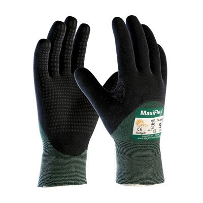 MaxiFlex Medium Green And Black Protective Industrial Products Cut By ATG Engineered Yarn Cut Resistant Gloves With Continuous Knitwrist, Dotted Palm And Fingers And Reinforced Thumb Crotch - 2 Pair