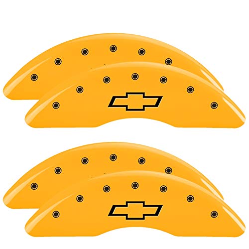 Caliper Covers MGP - Brake Caliper Covers Compatible with 2020-2025 Chevy Silverado 2500 HD, 2020-24 3500 HD - Powder-Coated Finish, 4 PCS Front and Rear (Yellow - Bowtie Engraving)