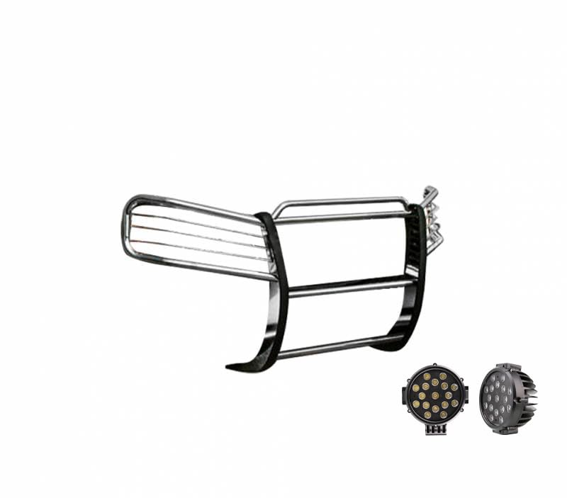 Grille Brush Black Horse Bumper Guard Modular Stainless Steel Come with Pair of 7.0" Dia.LED Lights with Black Trim Rings Compatible with 2002-2009 GMC Envoy-17GD26MSS-PLB