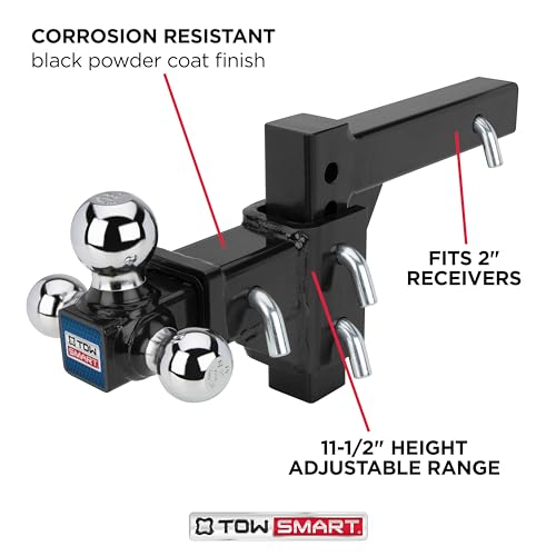 Adjustable TowSmart Tri-Ball Mount Hitch, 6,000-10,000 lbs Capacity, 2'' Receiver, 11.5'' Height Adjustment, Corrosion-Resistant, Fits Class III & IV