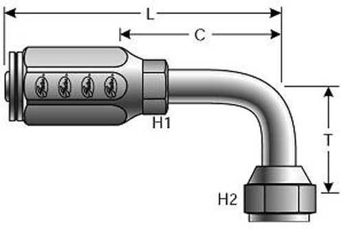 8C2AT-8RFFORX90S Gates Field Attachable Type T for G2 Hose, 2 Wire, Female Flat-Face O-Ring Swivel, 90 Bent Tube, 1/2" ID, 3.86"