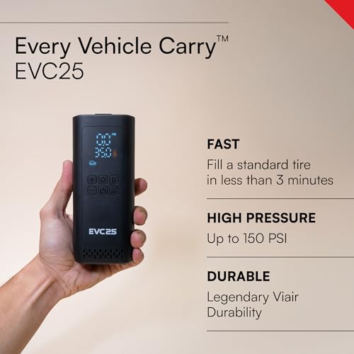 Every Vehicle Viair Carry EVC25 - rechargeable, portable compressor - LED gauge w/preset - Tire Inflator ideal for compact & mid-size cars, LT trucks, E-bikes, motorcycles & Inflatables