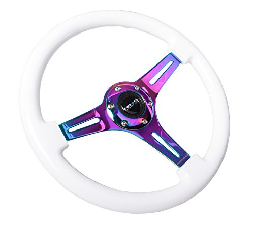NRG Innovations Classic Wood Grain NRG-ST-015MC-WT Steering Wheel - 350mm 25mm Deep, 3 Neochromw Spokes - White Paint Grip