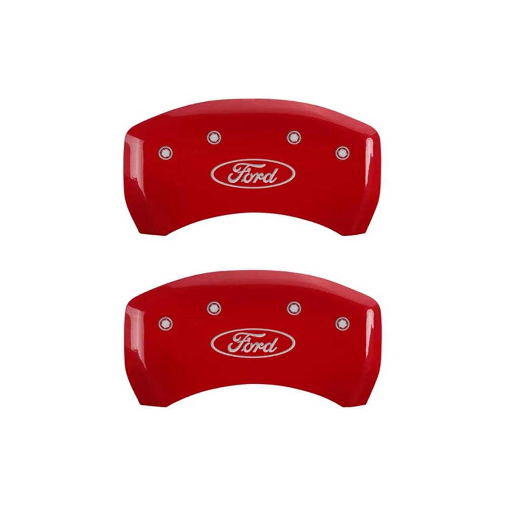 Ford Oval Logo Type MGP Caliper Covers 10229SFRDRD with Red Powder Coat Finish and Silver Characters, (Set of 4)