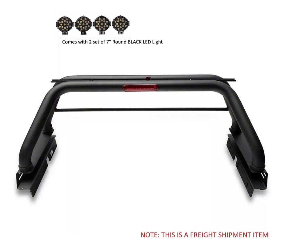 CLASSIC Black Horse Roll Bar incl. pair of 7.0"Dia. LED Lights w/Black Trim Rings Black Compatible with 2020-2024 Jeep Gladiator-RB09BK-PLB