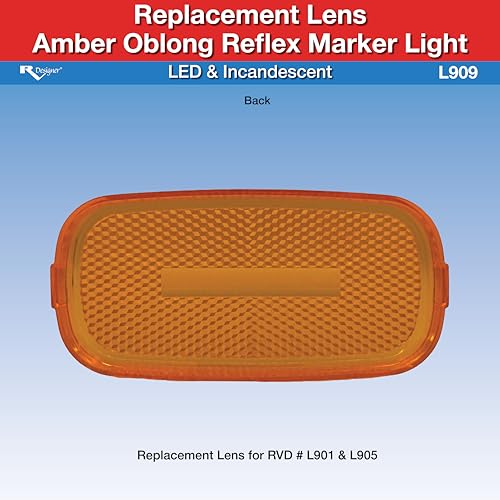 Replacement Lens RV Designer L909 for Amber LED and Incandescent Oblong Reflex Marker Light, DOT-Compliant