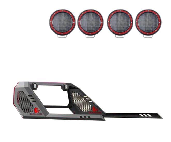 Vigor Roll Bar Black Horse Incl. Set of 5.3" Dia.Led Lights w/Red Trim Rings Modular Black Compatible with 2005-2024 Toyota Tacoma-VIRB06B-PLFR