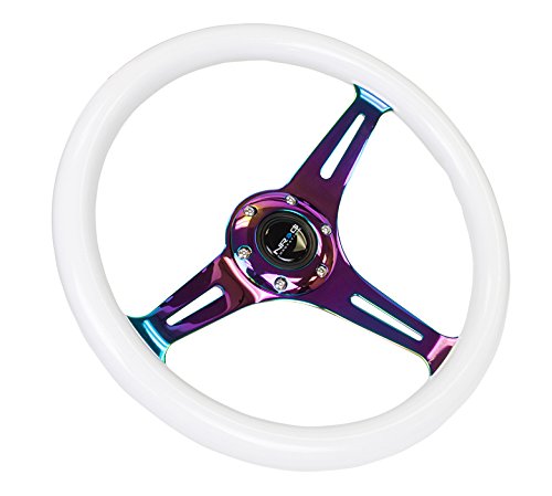 NRG Innovations Wood Grain NRG-ST-015MC-GL-PP Steering Wheel - 350mm 25mm Deep, 3 Neochrome Spokes - Glow-in-the-Dark Purple Color