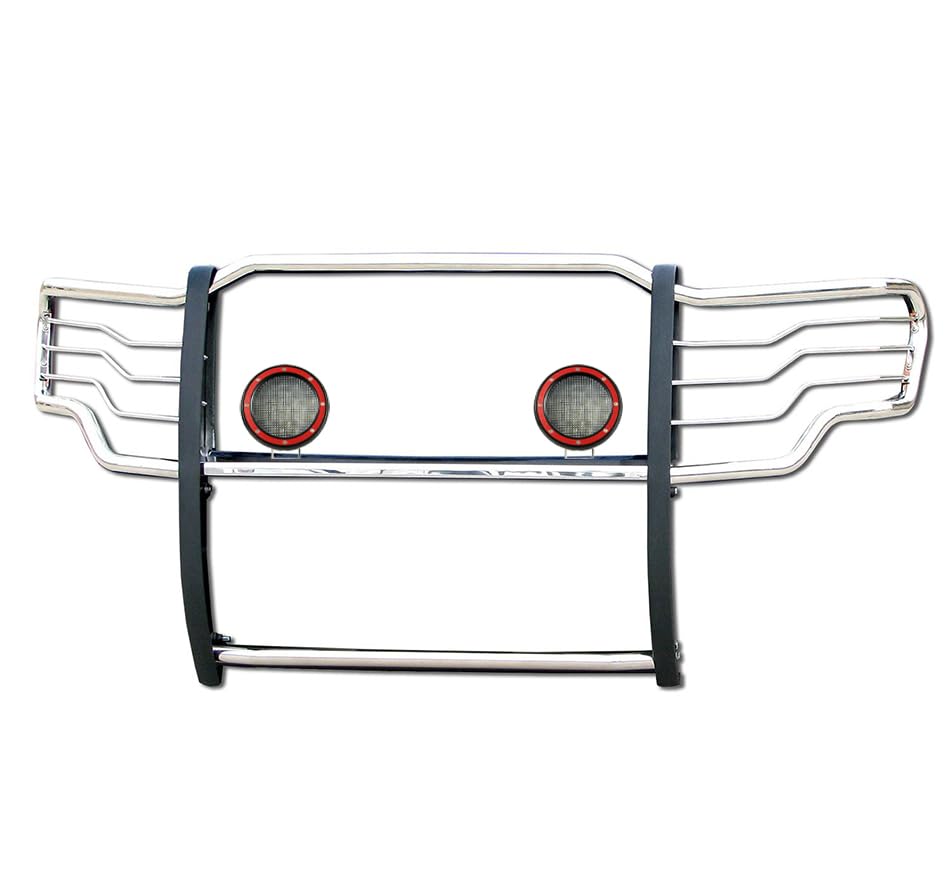 Bumper Guard Black Horse Grille brush Modular Stainless Steel Come With Pair of 5.3" Dia.LED Lights with Red Trim Rings Compatible with 2009-2014 Ford F-150-17FP30MSS-PLFR
