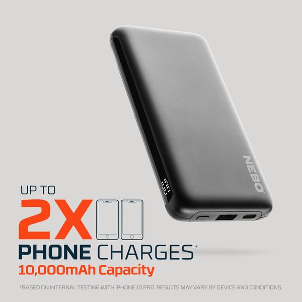 10K NEBO 10000mAh Power Bank | 37Wh Capacity, 2-Way Output Charging, Durable USB & USB-C Ports, Compatible with iPhone & Android, TSA Approved Travel Essential