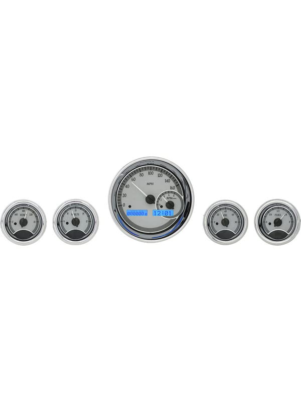 Dakota Digital VHX-1022-S-B Five Round Universal Analog Dash Gauge Instrument System, Silver Alloy Style, Blue Backlighting