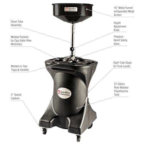 JDI-27DC JohnDow Industries 27 Self-Evacuating Portable Oil Drain, 16 inch Diameter Centered Funnel, Adjustable Funnel Height of 45 in. to 70 in. with Molded in Tool Tray for Oil Filters and Tools