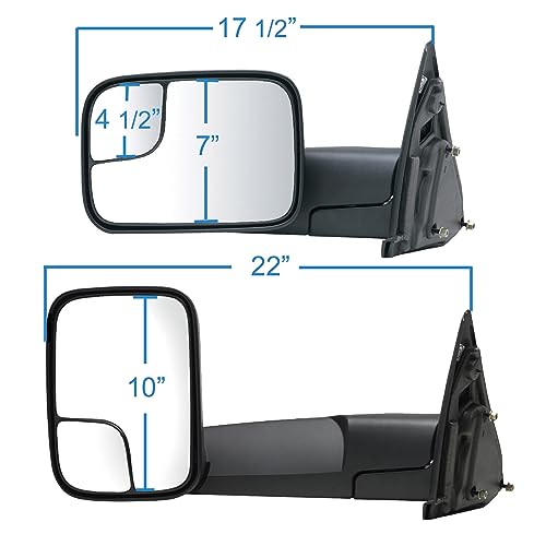 K Source Towing Mirror Pair – For 2002-2009 Ram 1500, 2500, 3500, Spot Mirror, Textured Black, Flip-out-head, Foldaway, Manual, Driver & Passenger Side Pair (L&R)