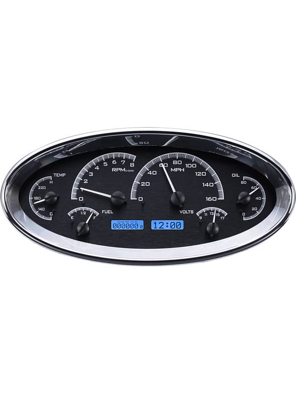 Digital Dakota VHX-1017-K-B Universal Elliptical Analog Dash Gauge System, Black Alloy Style, Blue Backlighting