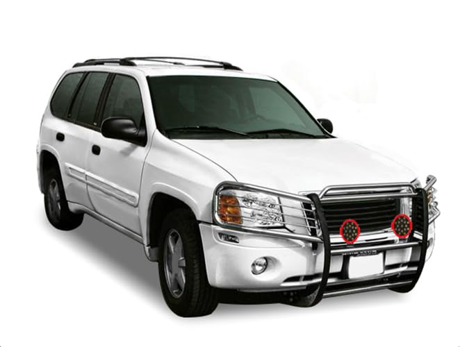 Grille Brush Black Horse Bumper Guard Modular Stainless Steel Come with Pair of 7.0" Dia.LED Lights with Red Trim Rings Compatible with 2002-2009 GMC Envoy-17GD26MSS-PLR