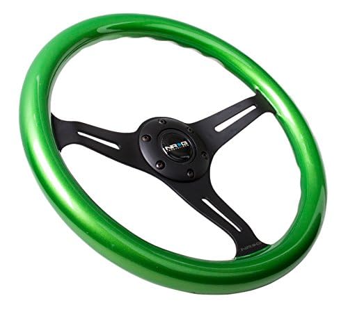 NRG Innovations Steering Wheel NRG-ST-015BK-GN - 350mm 25mm Deep Configuration, Classic Wood Grain Wheel, 3 Black Spokes, Green Pearl/Flake Paint