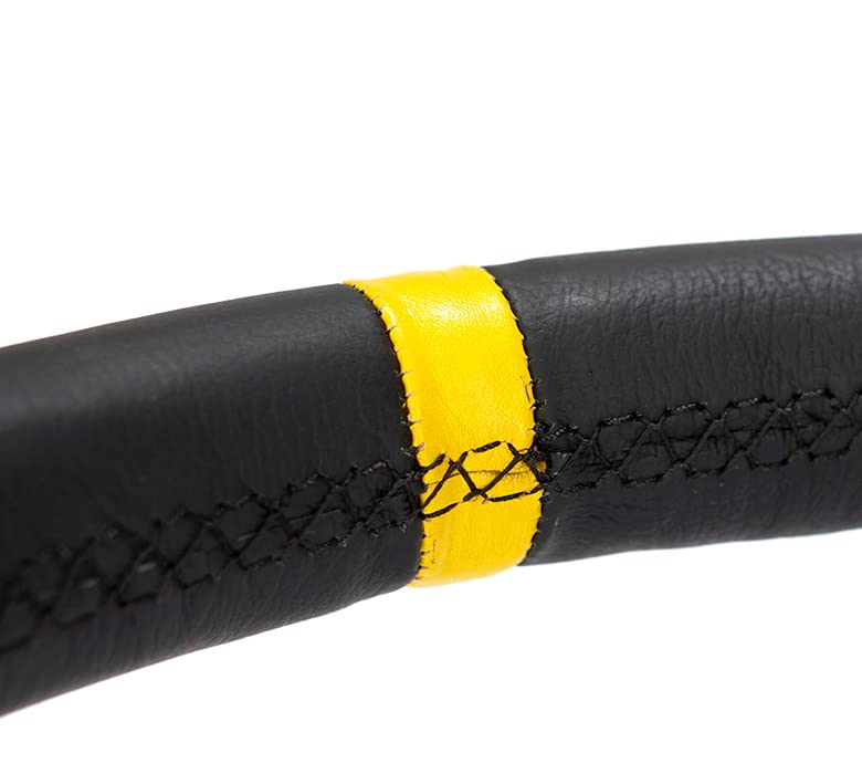 NRG Innovations Reinforced NRG-RST-022R-Y Steering Wheel Two Spoke 350mm Sport Arrow Cut Out (3" Deep) Black Leather, Yellow Center Marking