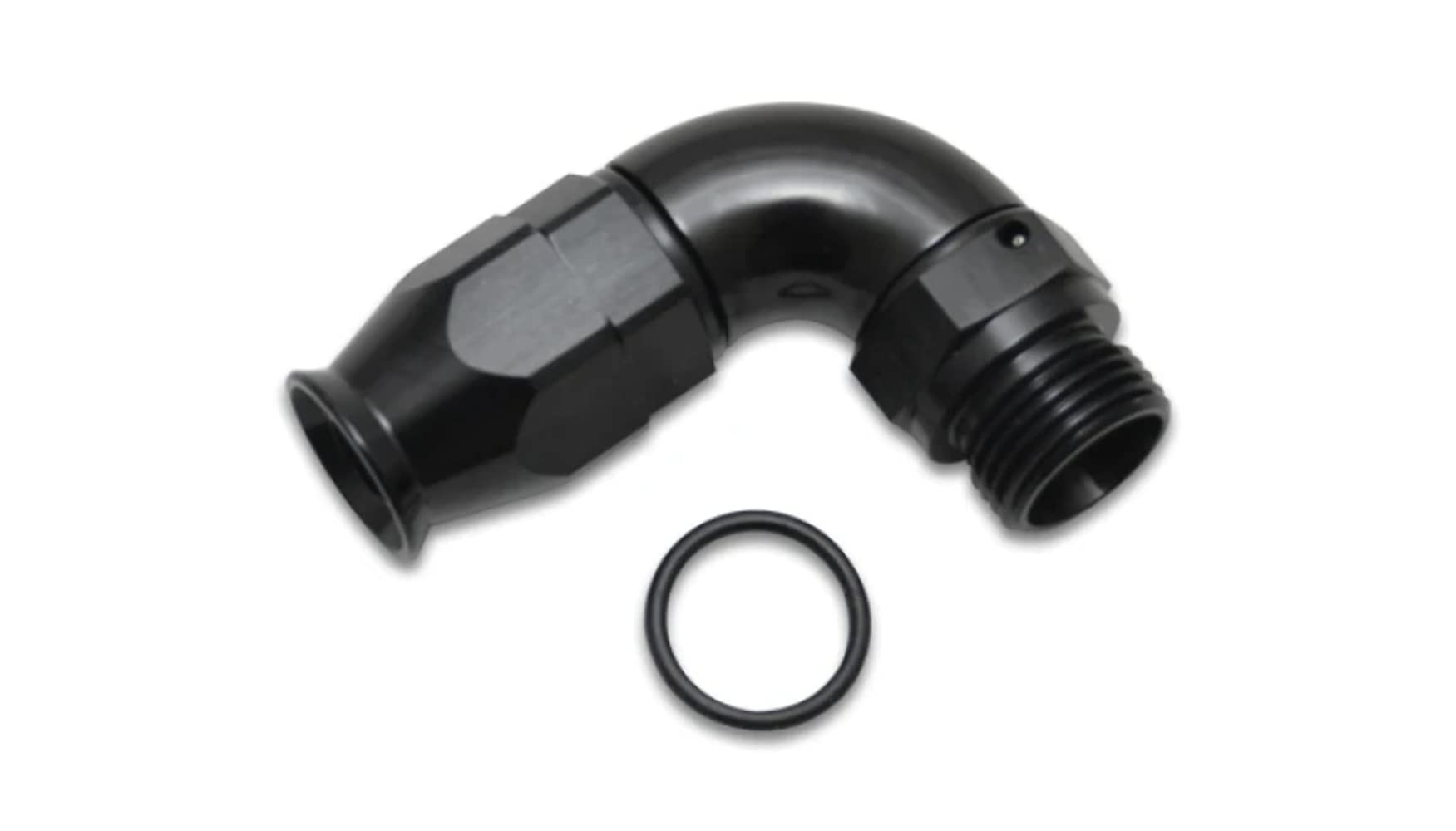 Fitting, Vibrant Power 29908, Hose End, Full Flow, PTFE, 90 Degree, Swivel, Reusable, 10AN Hose, -10 ORB Male Thread, Aluminum, Black Anodized, use with Vibrant 18000 series PTFE Lined Flex Hose, each