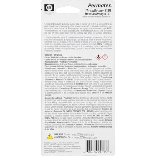 Threadlocker Blue Gel Permatex Medium Strength, Thread Lock & Screw Glue for Bolts Nuts & Fasteners to Prevent Loosening & Corrosion, Removable w/Hand Tools 35 ml