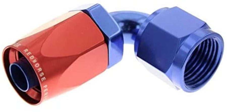 90 Degree Red Horse Performance Female Aluminum Hose End - Red&Blue 6090-08-1-08