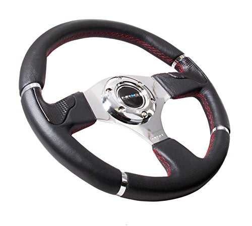 NRG Innovations Reinforced NRG-RST-008R Steering Wheel 320mm Black Leather/Red Stitching with Chrome 3 Spoke Center