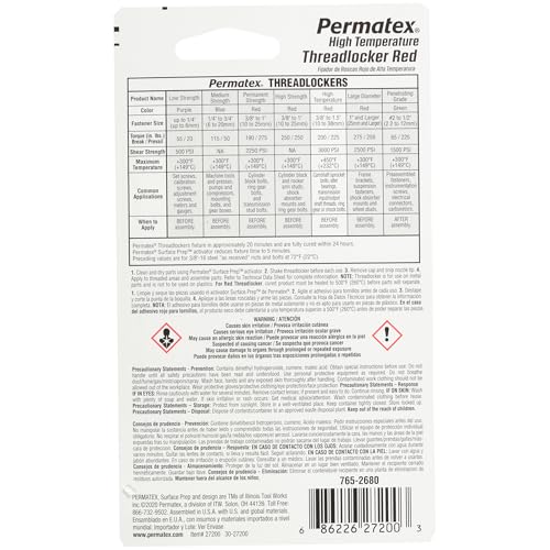 Permatex Hiigh Temperature Threadlocker Red, 10 ml