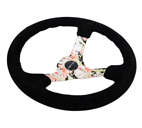 NRG Innovations Reinforced Steering Wheel NRG-RST-036FL-S - Hydro Dipped Tropical Floral 3" Deep, 5mm Spoke, 350mm Sport Steering Wheel Black Suede With Black Baseball Stitching