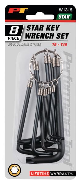 W1315 Performance Tool Heat Treated Alloy Steel Torx Key Set with Key Ring Holder - 8-Piece Set in Sizes T9 to T40