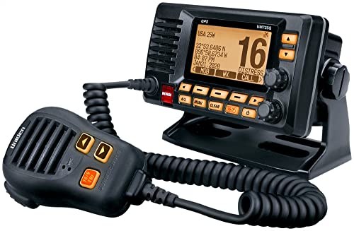 Marine VHF Radio Uniden UM725GBK, All USA, Canada, and Intl. Marine Channels, 1Watt/25Watt Transmit Power, Largest LCD Screen in Class, NOAA Weather Channels w/Alerts, Speaker Mic, GPS Built-in.