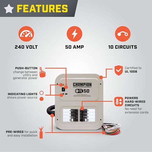 50-Amp Champion Power Equipment Indoor-Rated Manual Transfer Switch with 30-Foot Generator Power Cord and Weather-Resistant Power Inlet Box