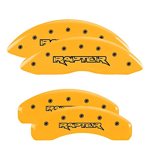 Brake Caliper Covers MGP for 2015-2020 Ford F-150, 2018-2020 Ford Expedition (Requires 18"+ Wheels) Yellow Powder-Coated Finish, Aluminum Front and Rear Caliper Covers (Raptor Engraving; Set of 4)