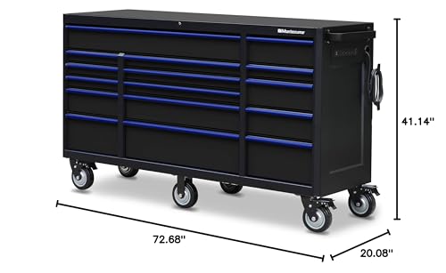 Montezuma Tool Box - 72" x 20" 16 Drawer Tool Cabinet Rolling with Multiple Power Outlets & Black Powder Coat Finish - M722016TC
