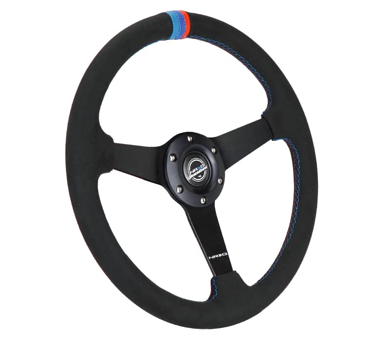 NRG Innovations 350mm NRG-RST-037MB-SA-M3 Sport Steering Wheel (1.5' Deep) Black Perforated Leather with M3 Stitching - Matte Black Solid Spokes with Minty Fresh Miata Logo Etched