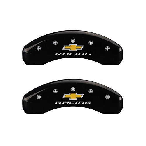 Caliper Covers MGP 14036SBRCBK (Black Powder Coat Finish, Engraved Front and Rear: Chevy racing, Silver Characters, Set of 4)