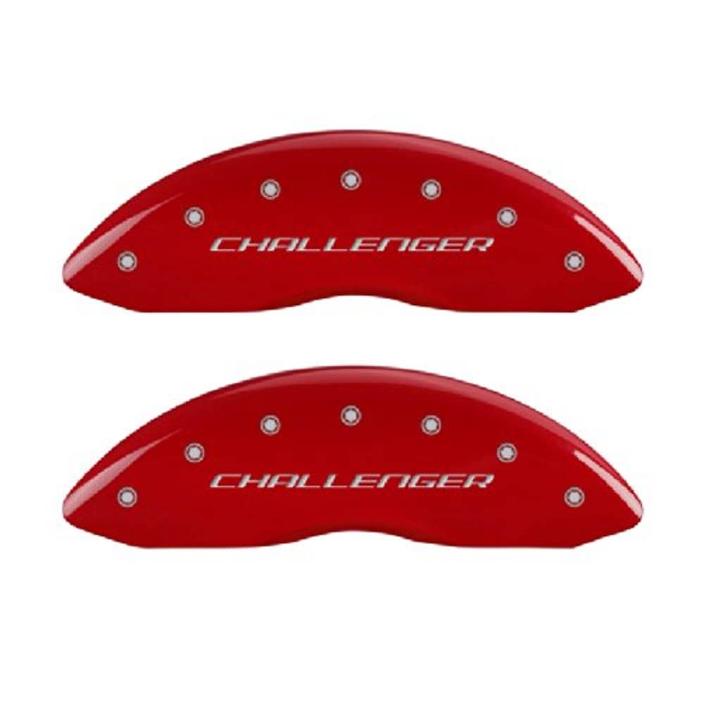 Brake Caliper Covers for 2011-2023 Dodge Challenger & 2011-2023 Dodge Charger (Dual Piston Front Caliper) MGP Caliper Covers Front and Rear Set - Engraved CHALLENGER & R/T Vintage Logo (Red)