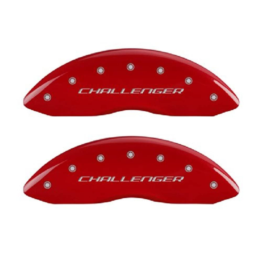 Brake Caliper Covers for 2011-2023 Dodge Challenger & 2011-2023 Dodge Charger (Dual Piston Front Caliper) MGP Caliper Covers Front and Rear Set - Engraved CHALLENGER & R/T Vintage Logo (Red)
