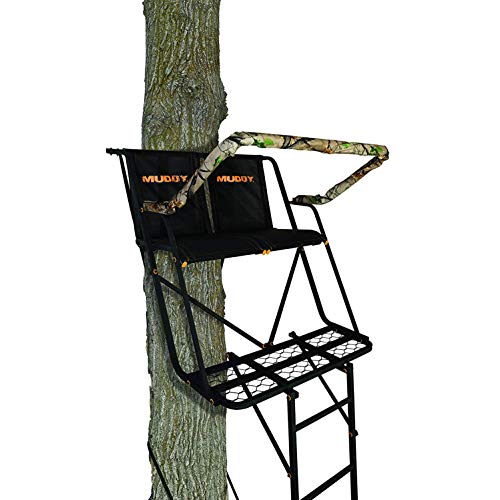 16' Muddy Buddy Ladder Stand - Durable Outdoor Hunting 2 Person Tree Stand with Large Flex-Tek Seat & Padded Flip-Back Shooting Rail, 500 Pound Maximum Capacity