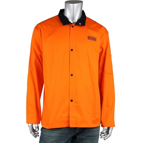 FR Treated Ironcat Cotton Sateen Jacket, 9 oz., Anodized Snaps, Interior Pocket, Pop-up Welders Collar, Scribe Pocket, Orange, Large (7050O/L)