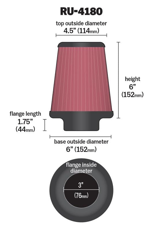 High-Flow K&N Original Lifetime Universal Clamp-On Air Filter: High Performance, Premium, Washable: Flange Diameter: 3 In, Filter Height: 6 In, Flange Length: 1.75 In, Shape: Round Tapered, RU-4180