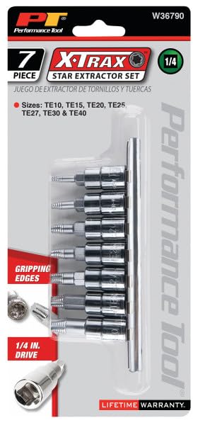 W36790 Performance Tool 7pc 1/4-Inch Drive X-Trax Set for Stripped Screw Extractor Kit for Broken Bolt Extractor All-Purpose HSS Bolt Extractor Screw Remover Set