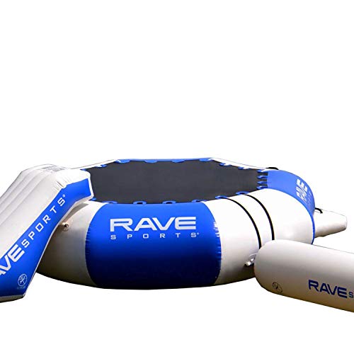 RAVE Sports Splash Zone Plus Inflatable Water Bouncer with Balancing Log and Slide, Boarding Platform, 12FT / 16FT, Anchor Harness, Durable Nylon Jump Surface, Recreational Swimming Fun