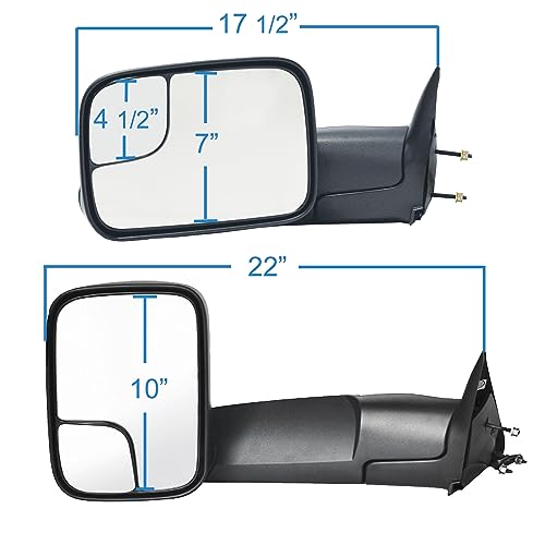 K Source Towing Mirror Pair – For 1998–2002 Ram Pick-Up 1500, 3500, 2500, Textured Black, Spot Mirror, Flip-Out Head, Foldaway, Heated, Manual