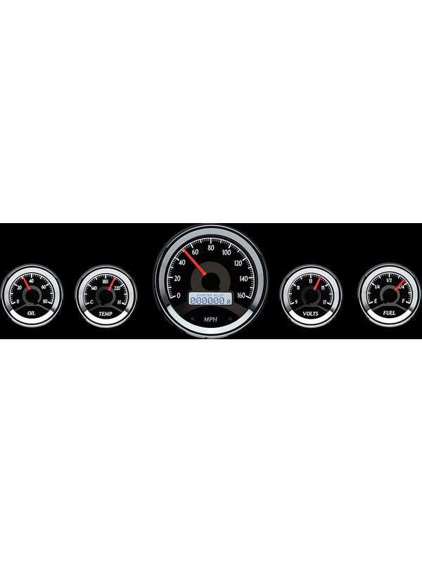 Digital Dakota VHX-1050-S-W Universal 5 Round Analog Gauge System, Silver Alloy Style, White Backlighting