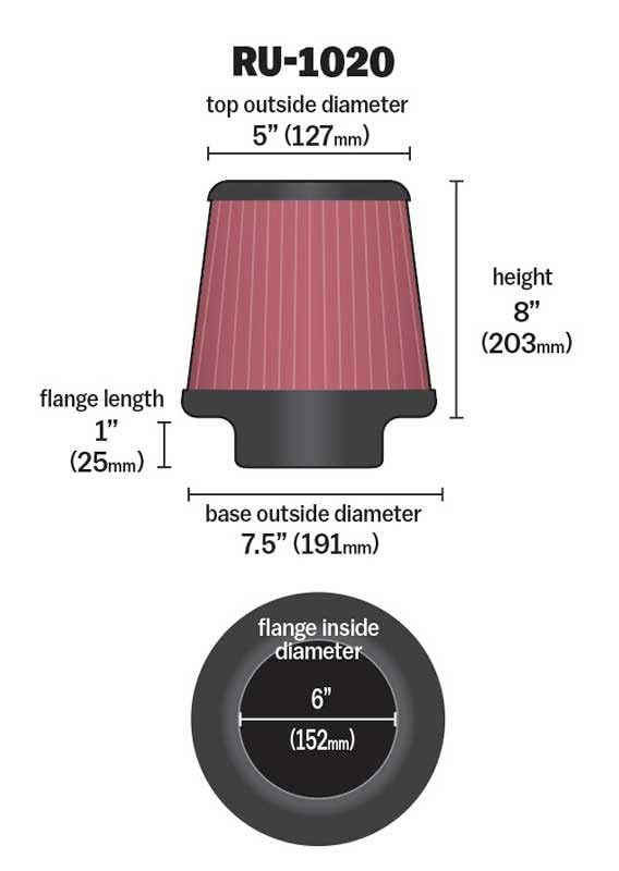 High-Flow K&N Original Lifetime Universal Clamp-On Air Filter: High Performance, Premium, Washable: Flange Diameter: 6 In, Filter Height: 8 In, Flange Length: 1 In, Shape: Round Tapered, RU-1020