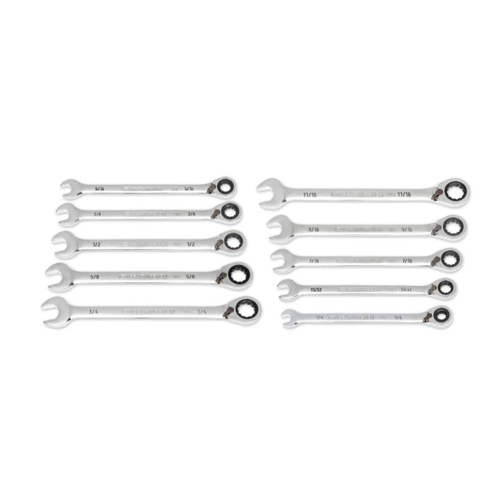 10 Piece GEARWRENCH 90-Tooth 12 Point SAE Reversible Ratcheting Wrench Set | 86658