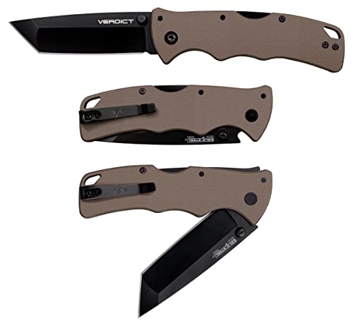 3" Cold Steel Verdict AUS10A Tanto Point Blade 4.25" G-10 FDE Handle Everyday Carry Tactical Folding Knife with Tri-Ad Lock