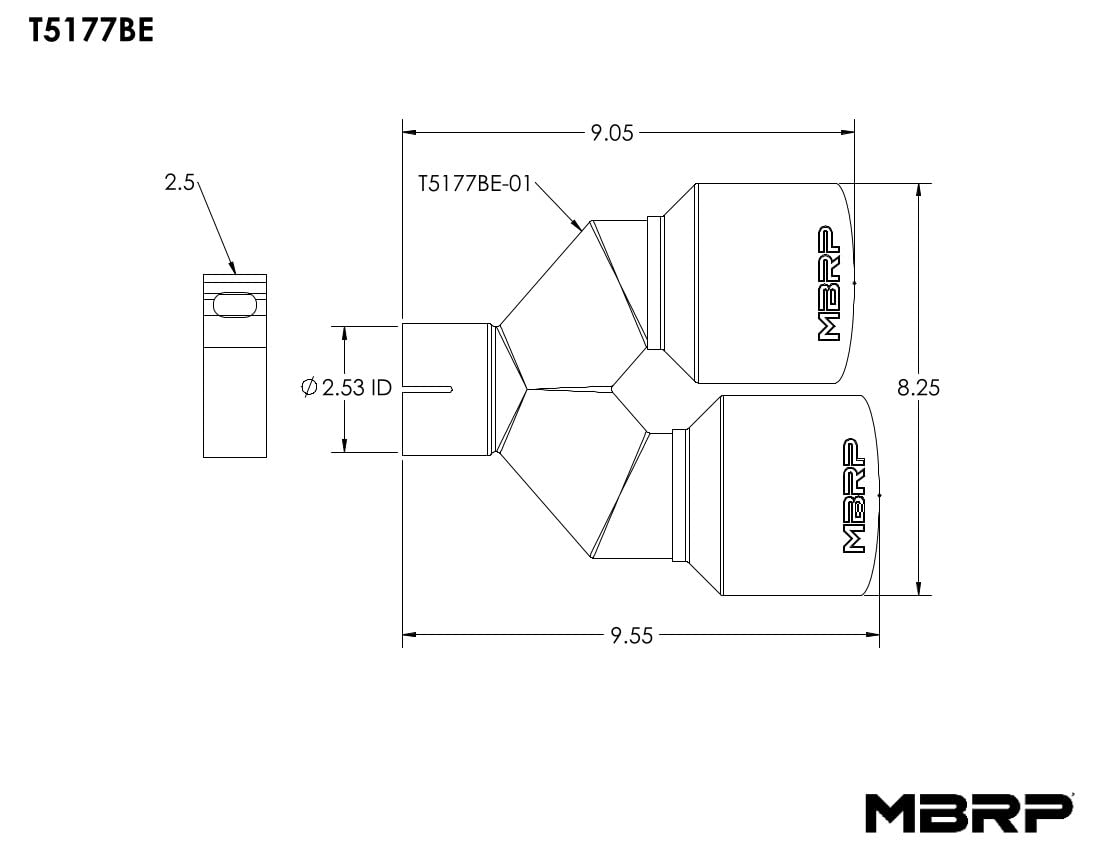 MBRP Burnt End Tip, T304 Stainless Steel; 2.5" ID, Dual 4" OD Out, 9.55" length, Single wall